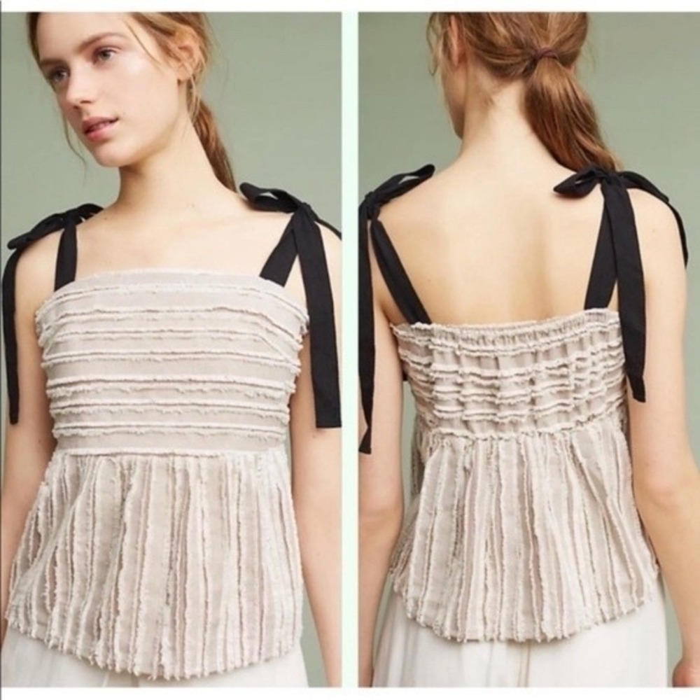 Maeve Anthropologie Top Textured Fringe Sleeveless Black Tie Strap Casual Chic